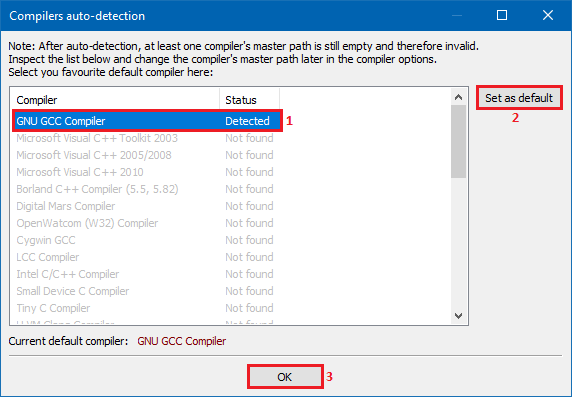 CodeBlocks compiler detection